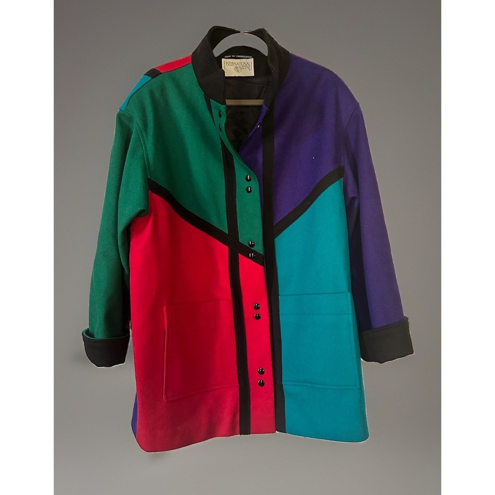 Vtg 80s International Scene Wool Coat Women's 11/12 Colorful Bright Colorblock